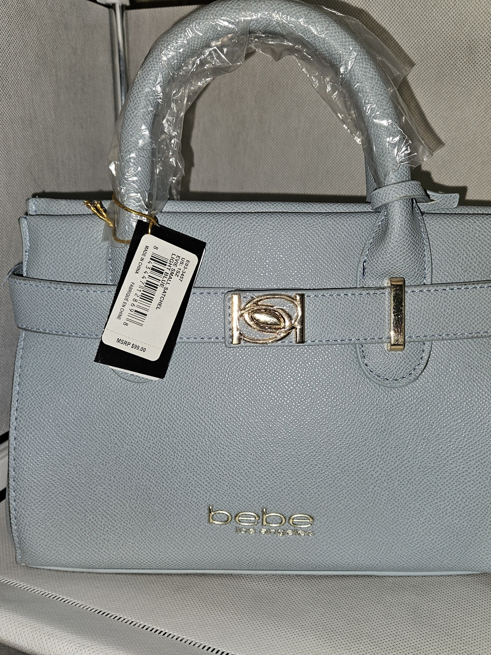 bebe Mini Evie Powder Blue Structured Top-Handle Satchel with Gold‎ Hardware